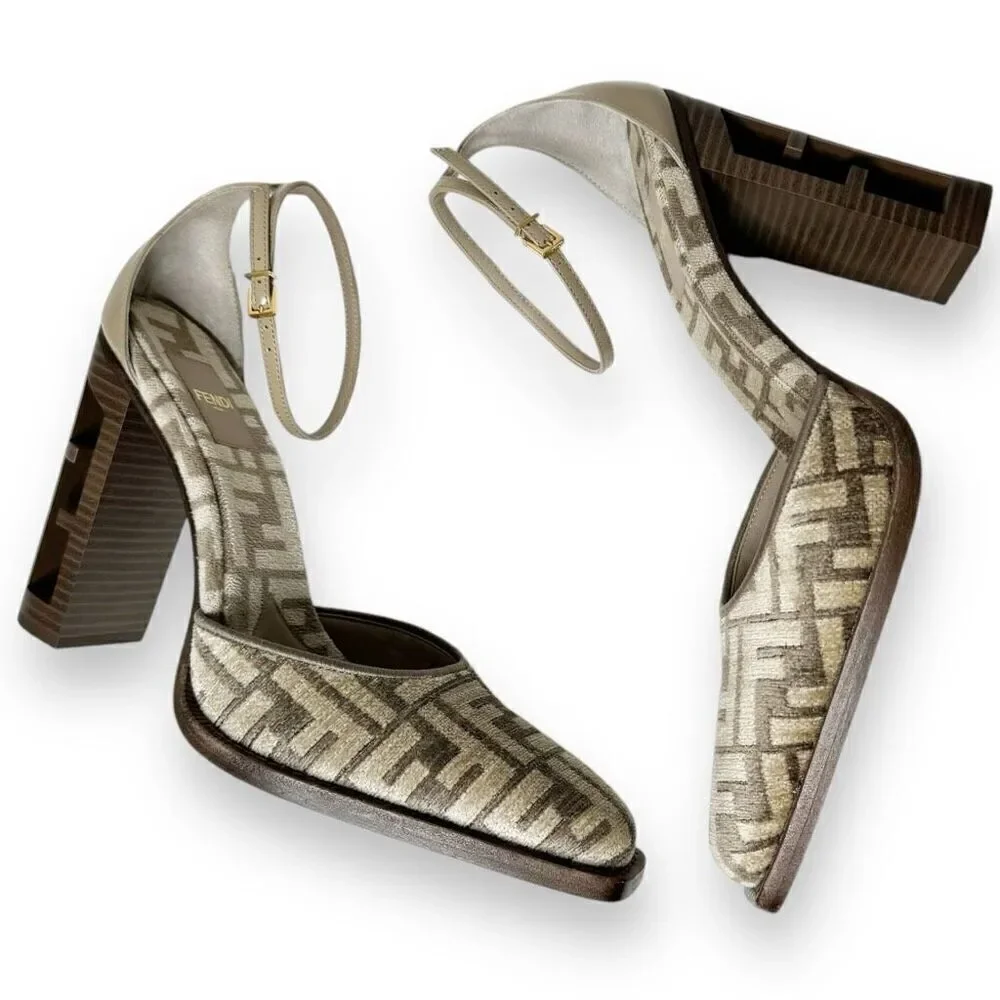 Fendi Monogram Jacquard FF-Logo Print Pointed Toe Ankle Strap High Heel Size 41 - Picture 7 of 13